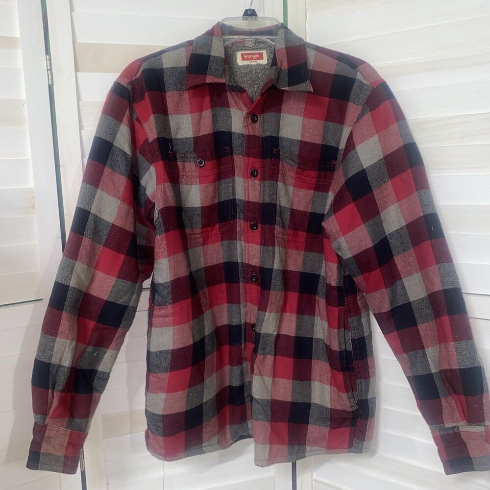 Wrangler Red Gray Flannel Plaid Mens Light Padded Fleece Lined Sz Small Jacket
